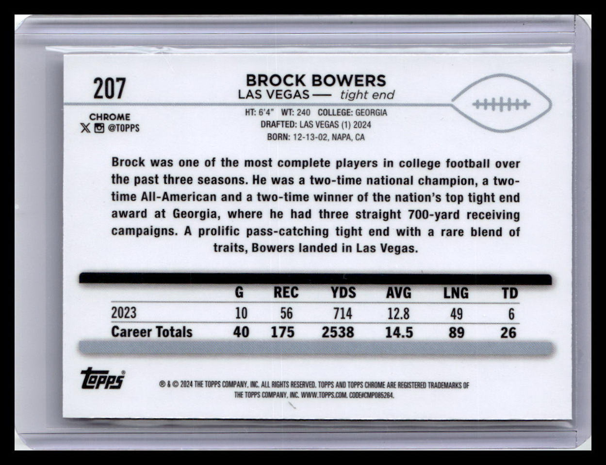 2024 Topps Chrome #207 Brock Bowers Pink Refractor
