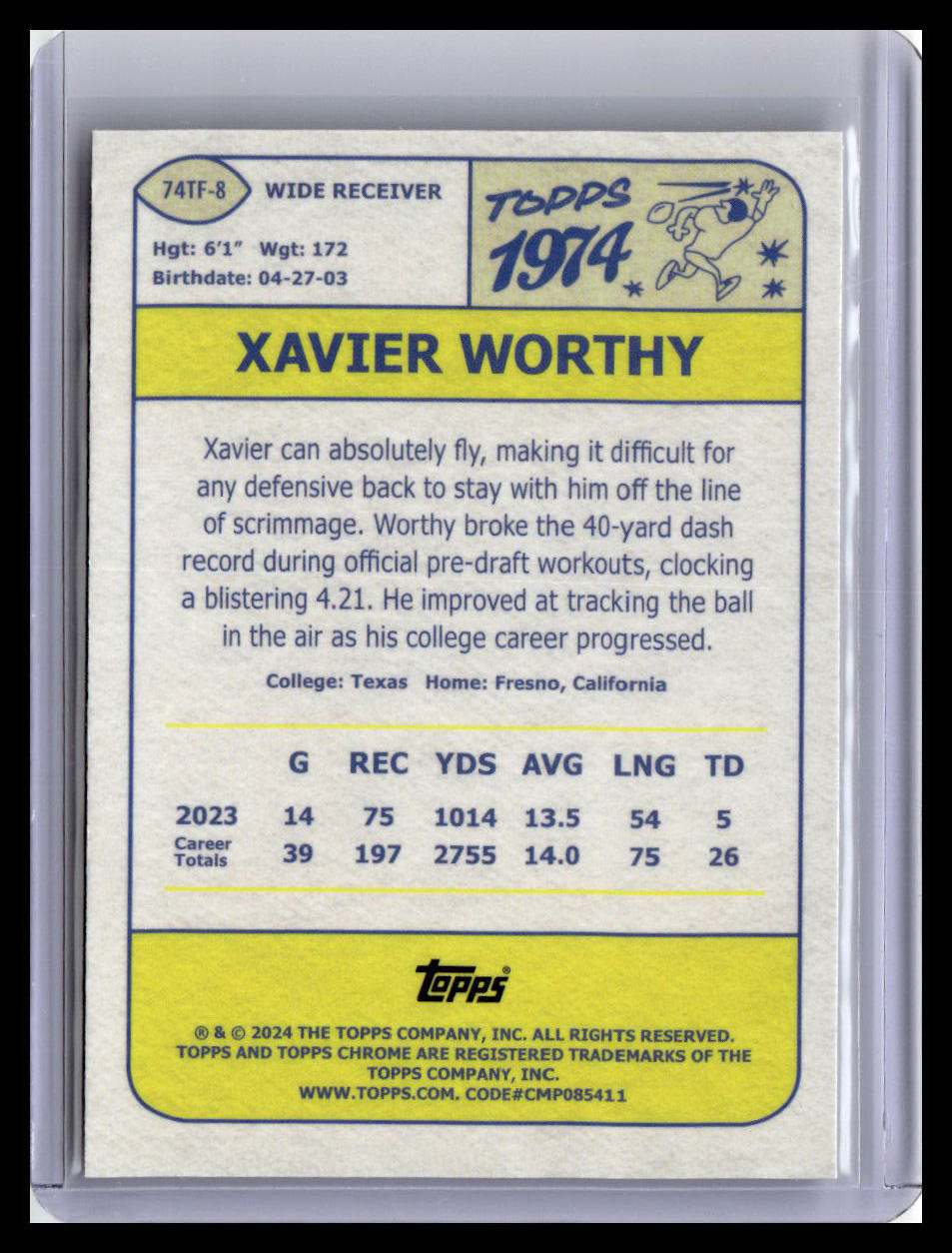 2024 Topps Chrome #74TF-8 Xavier Worthy 1974 Topps Football