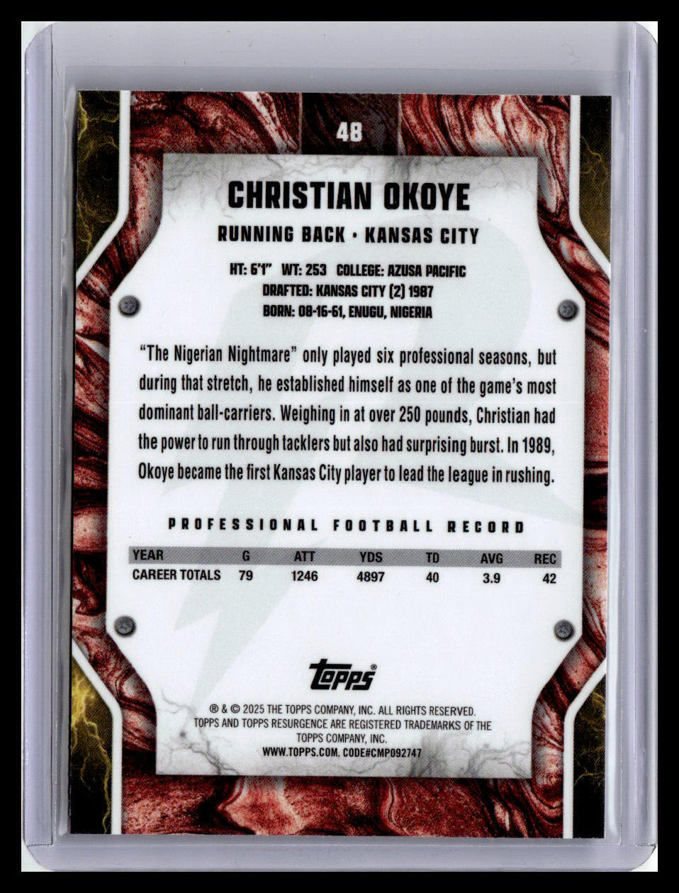 2024 Topps Resurgence #48 Christian Okoye Blue & Orange Spark
