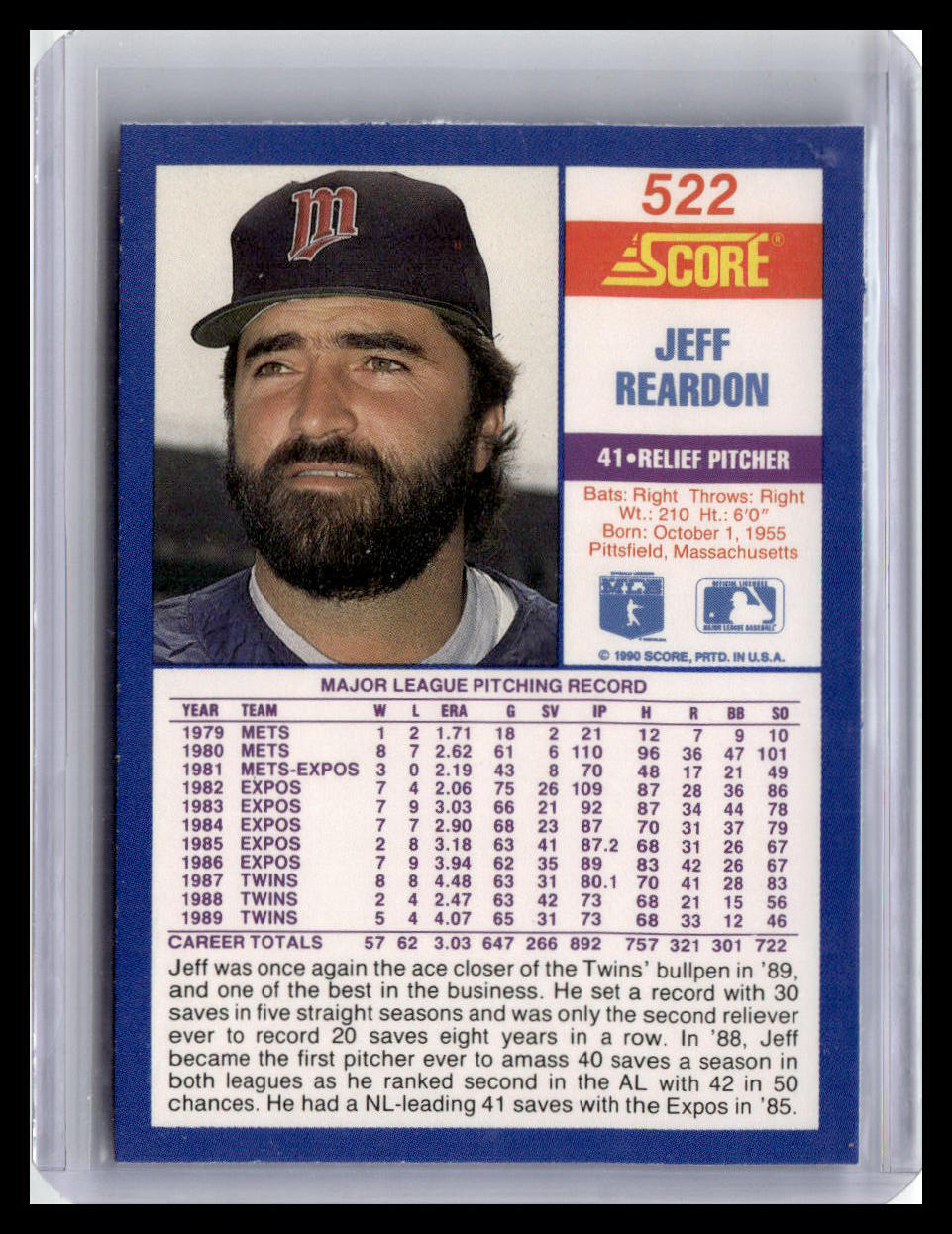 1990 Score #522 Jeff Reardon