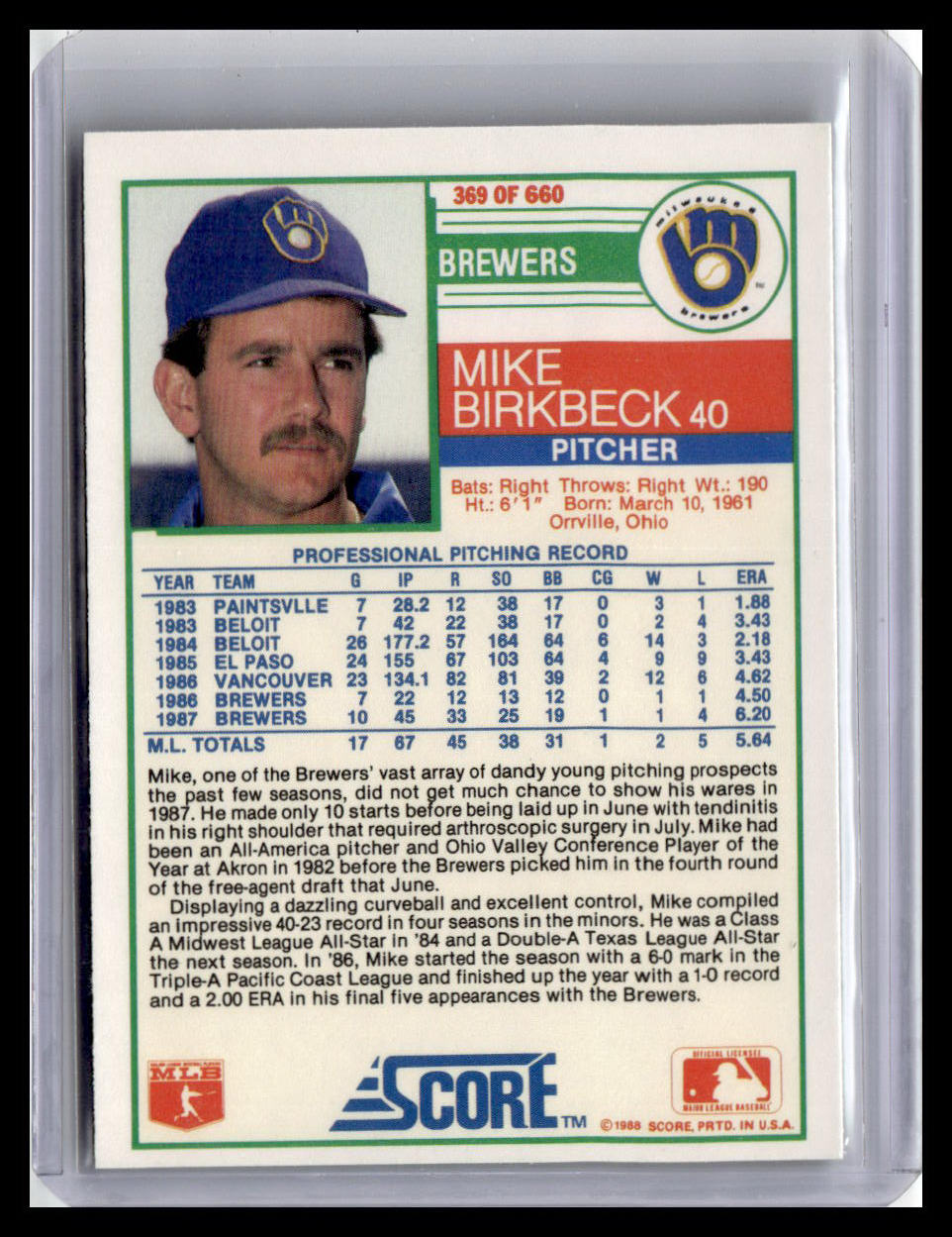 1988 Score #369 Mike Birkbeck
