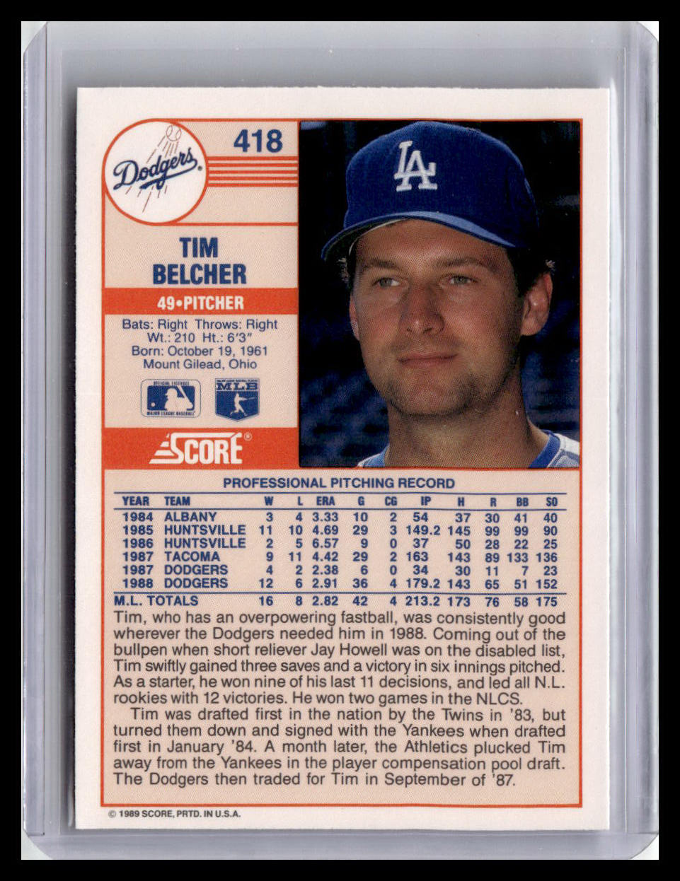 1989 Score #418 Tim Belcher