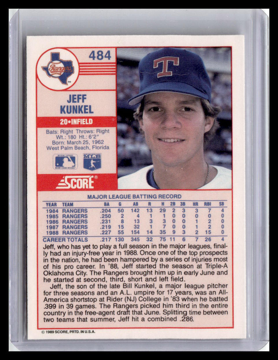 1989 Score #484 Jeff Kunkel