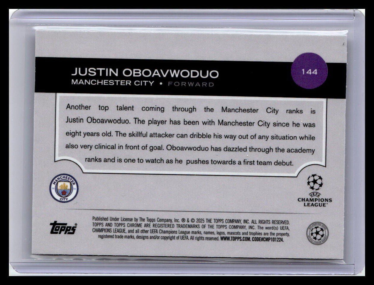 2024-25 Topps Chrome UEFA Club Competitions #144 Justin Oboavwoduo