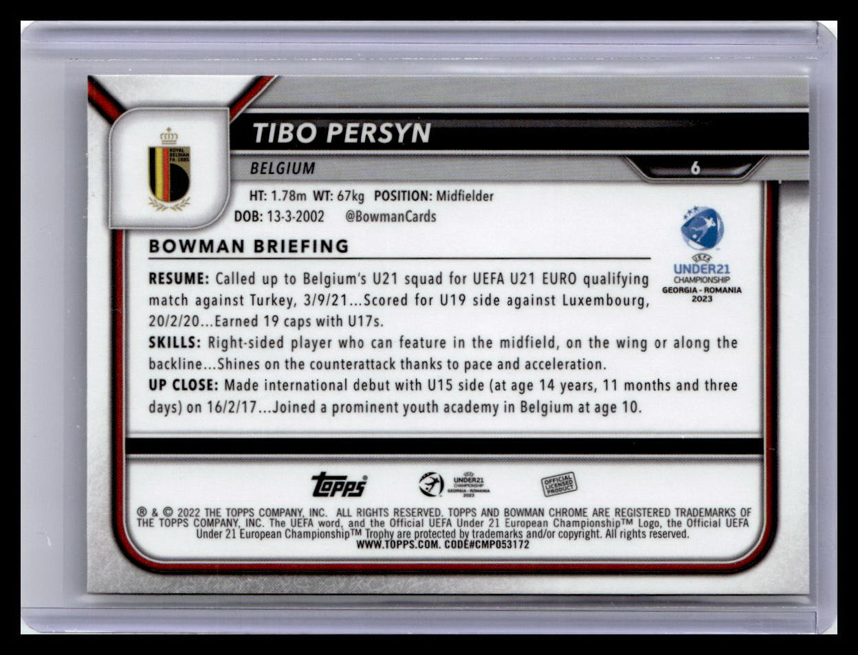 2022 Bowman Chrome Road to UEFA U21 Euros #6 Tibo Persyn