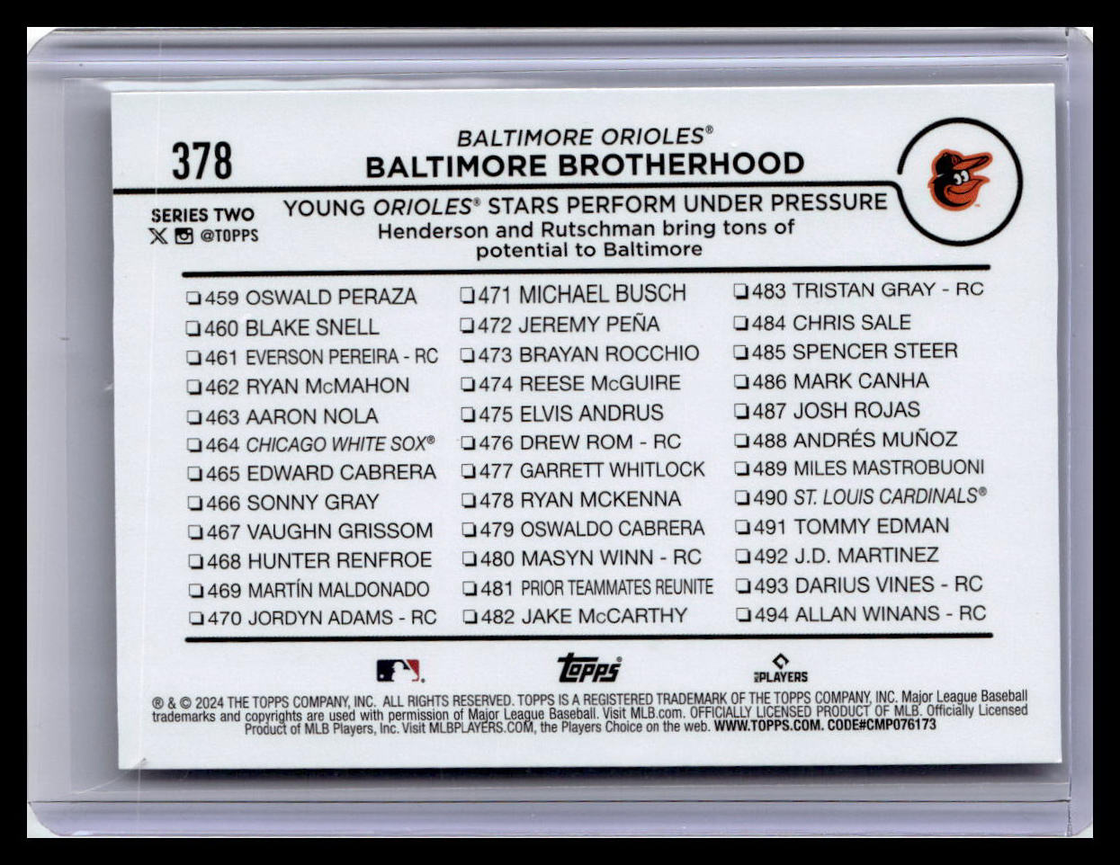 2024 Topps #378 Baltimore Brotherhood (Gunnar Henderson / Adley Rutschman)