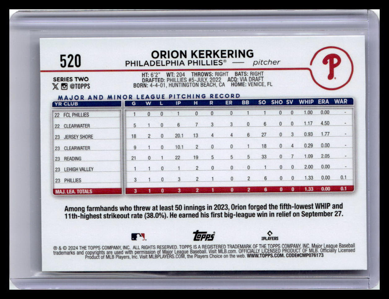 2024 Topps #520 Orion Kerkering