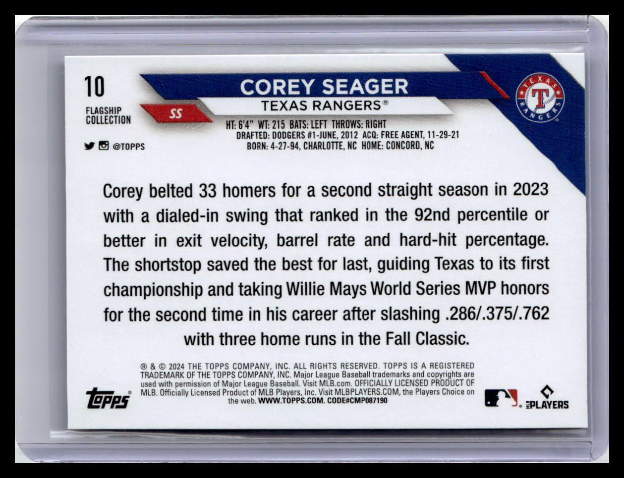 2024 Topps #10 Corey Seager Flagship Collection