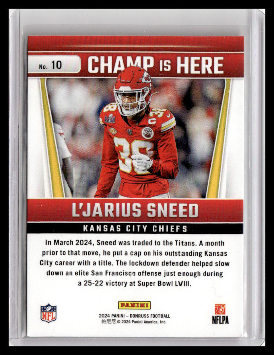 2024 Donruss #10 L'Jarius Sneed Champ is Here