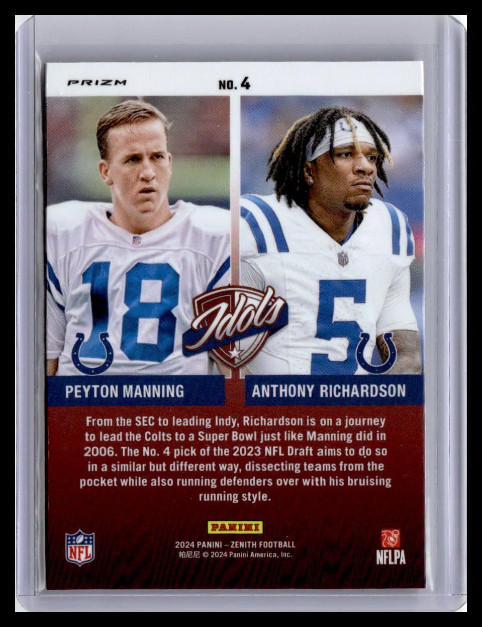 2024 Panini Zenith #4 Anthony Richardson / Peyton Manning Idols
