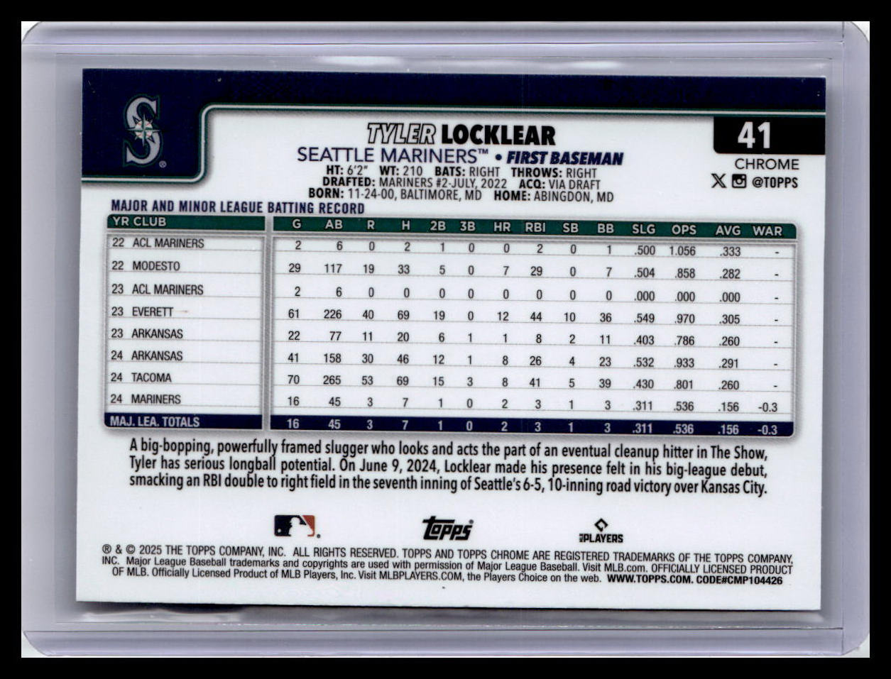 2025 Topps Chrome #41 Tyler Locklear Sepia Refractors