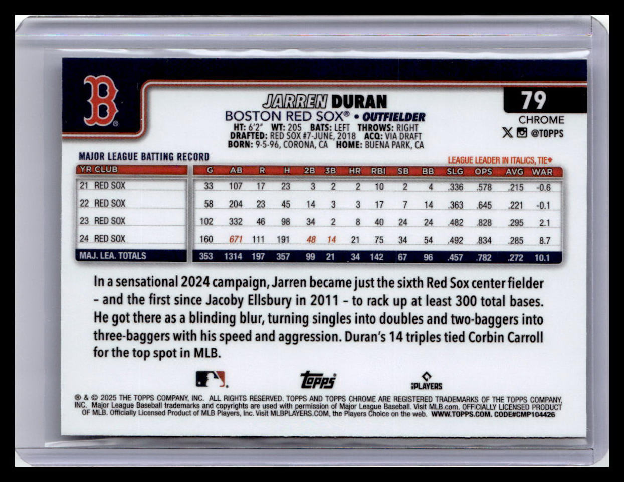 2025 Topps Chrome #79 Jarren Duran Raywave Refractors