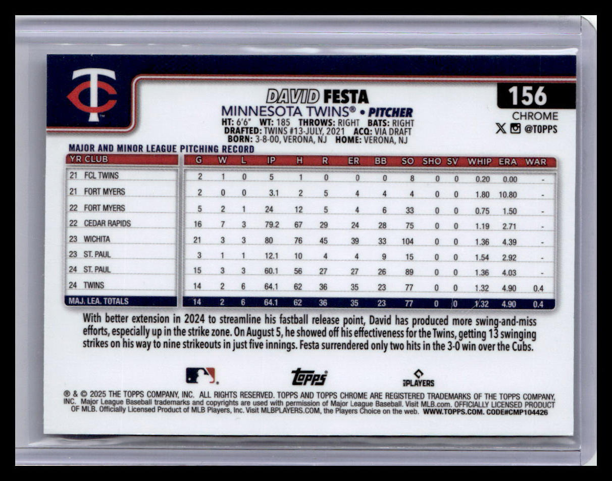 2025 Topps Chrome #156 David Festa Prism Refractors