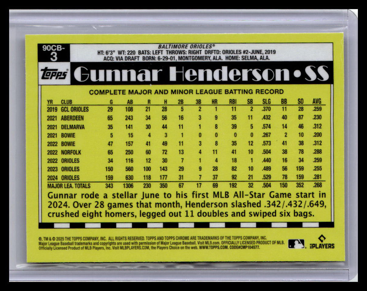 2025 Topps Chrome #90CB-3 Gunnar Henderson 1990 Topps Baseball 35th Anniversary