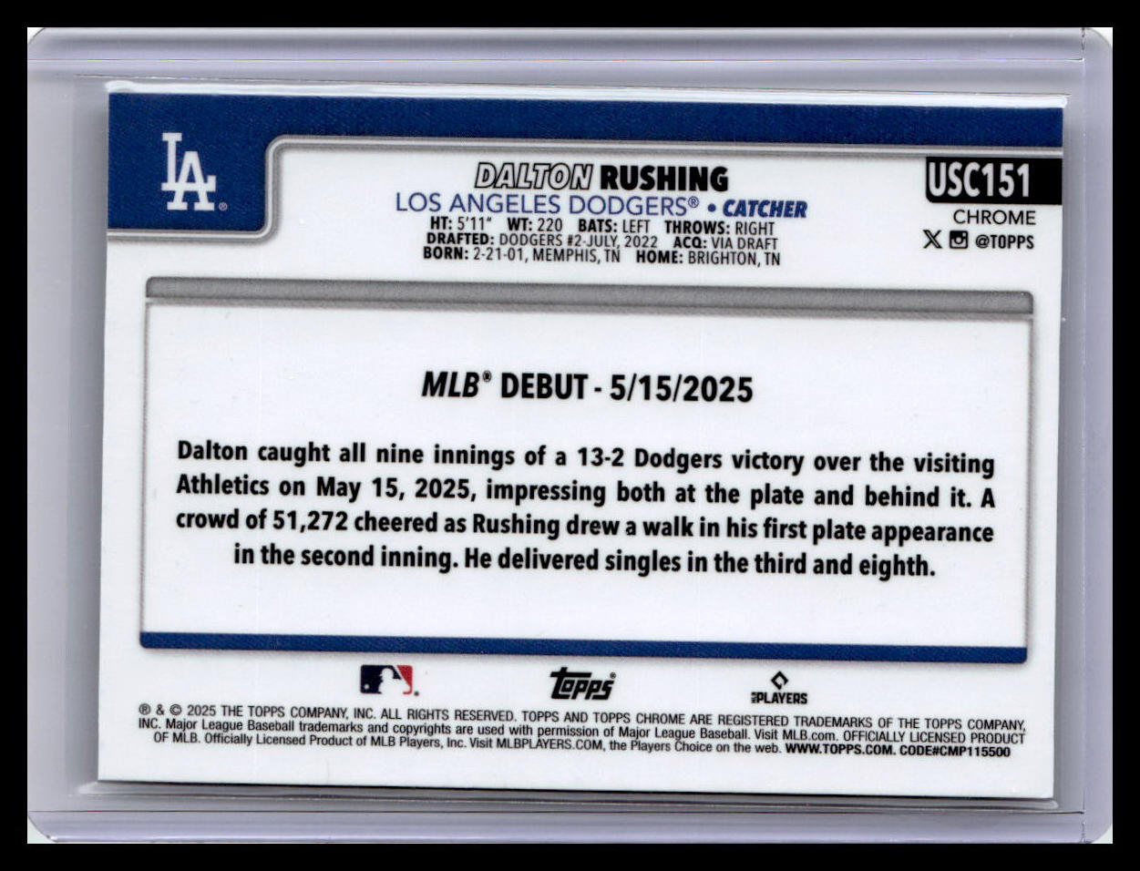 2025 Topps Chrome Update #USC151 Dalton Rushing
