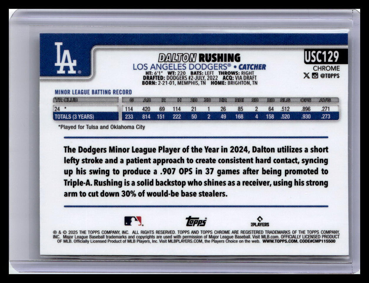 2025 Topps Chrome Update #USC129 Dalton Rushing