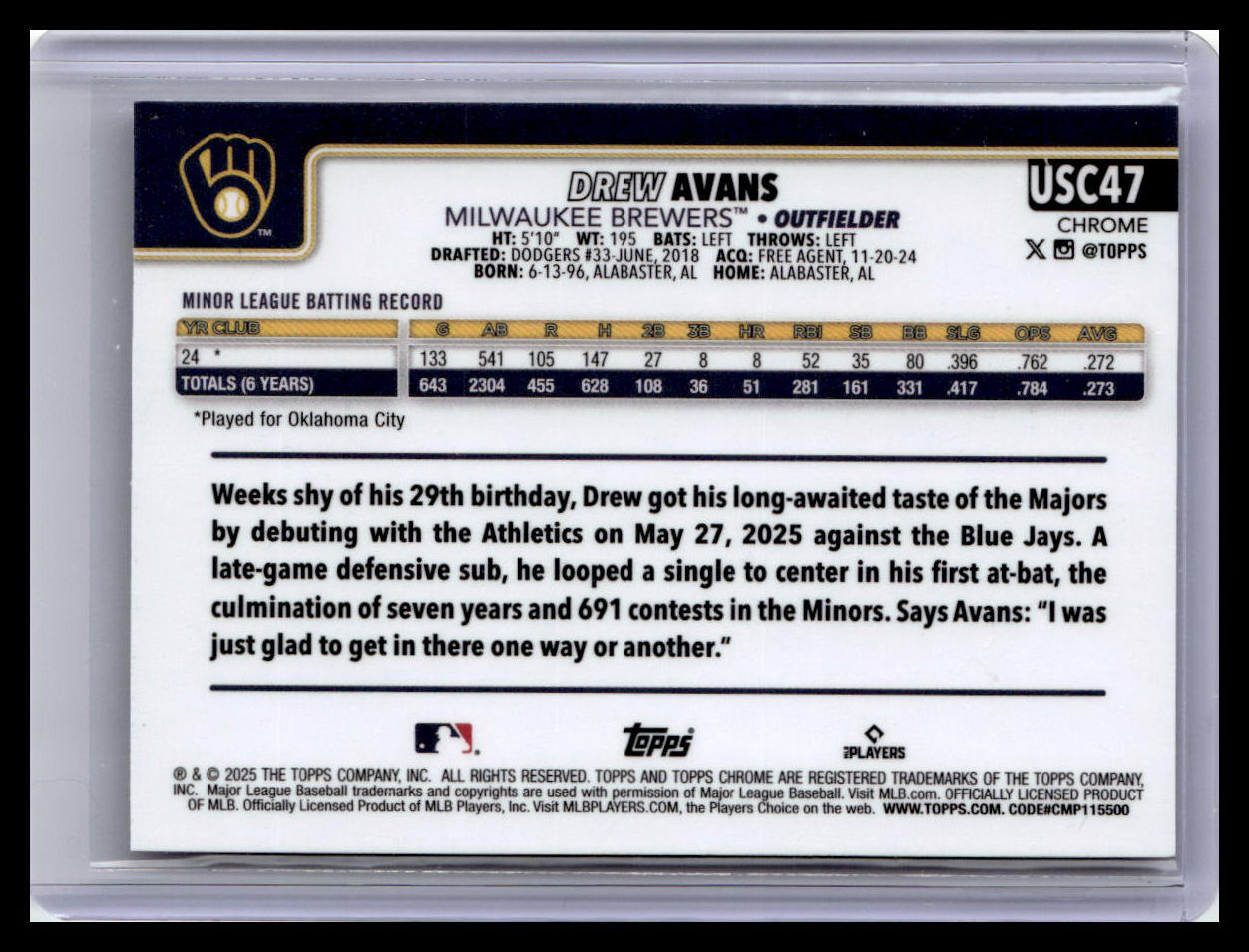 2025 Topps Chrome Update #USC47 Drew Avans