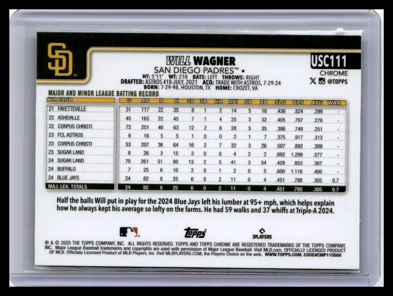 2025 Topps Chrome Update #USC111 Will Wagner Prism Refractors