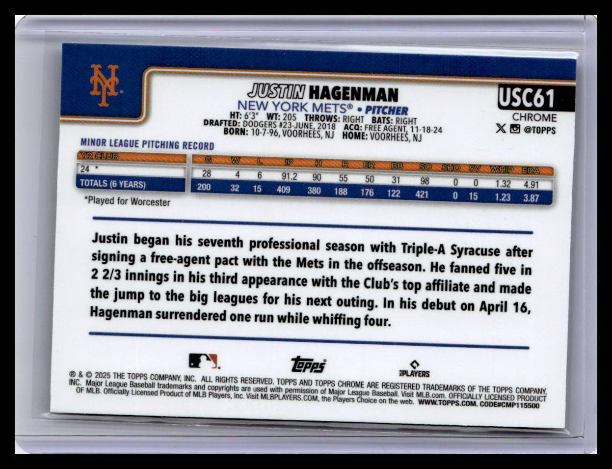 2025 Topps Chrome Update #USC61 Justin Hagenman X-Fractors