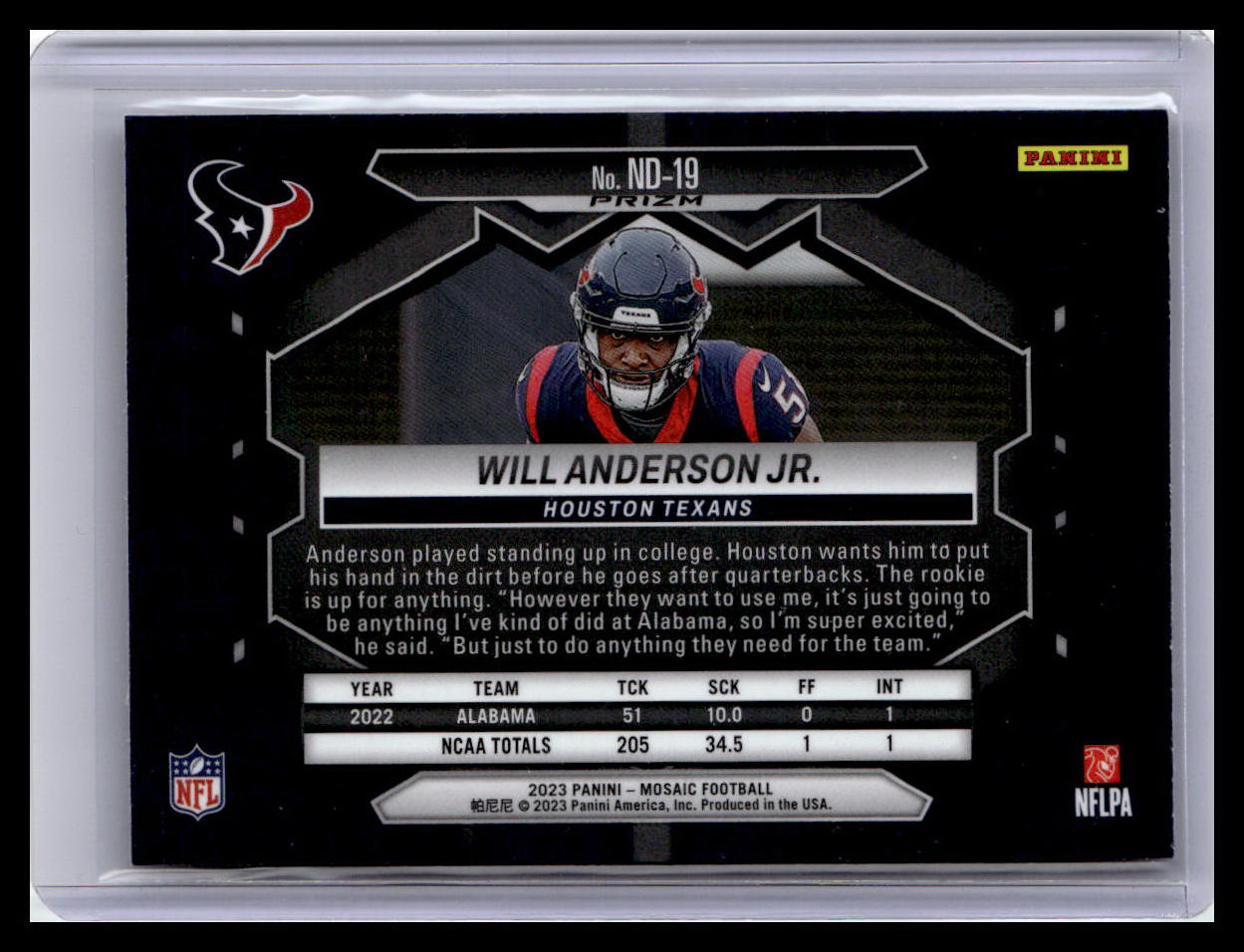 2023 Panini Mosaic #ND-19 Will Anderson Jr. Camo Pink Mosaic