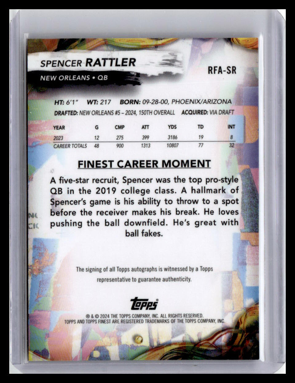 2024 Finest #RFA-SR Spencer Rattler Rookie Finest Autographs Blue Refractor