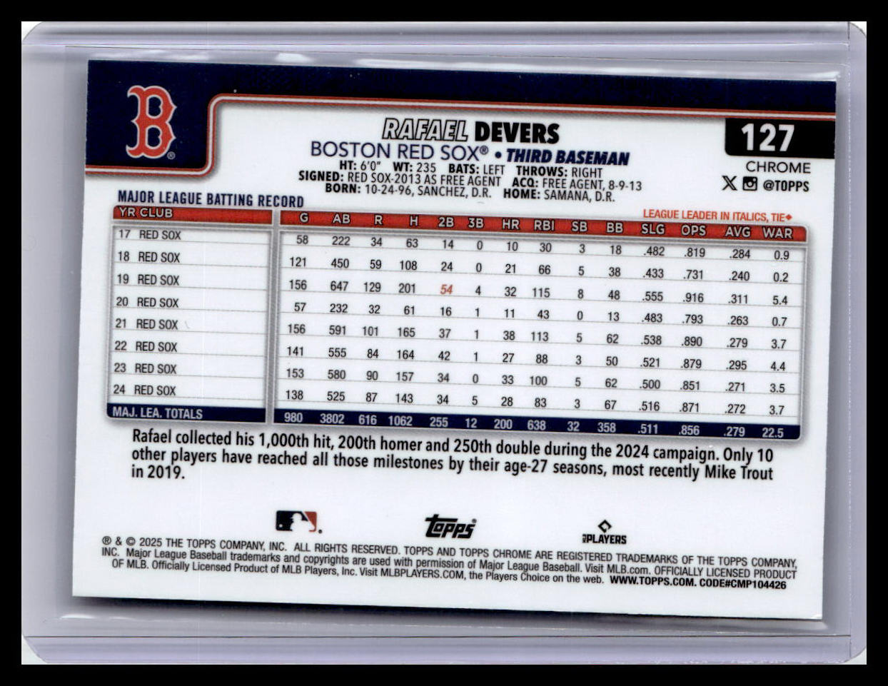 2025 Topps Chrome #127 Rafael Devers Raywave Refractors
