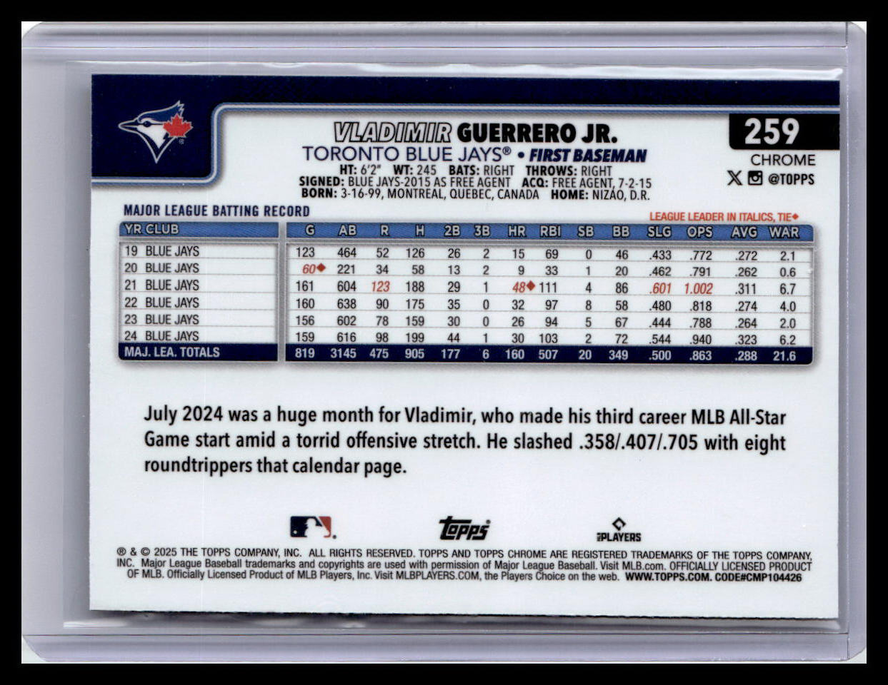 2025 Topps Chrome Logofractor Edition #259 Vladimir Guerrero Jr.