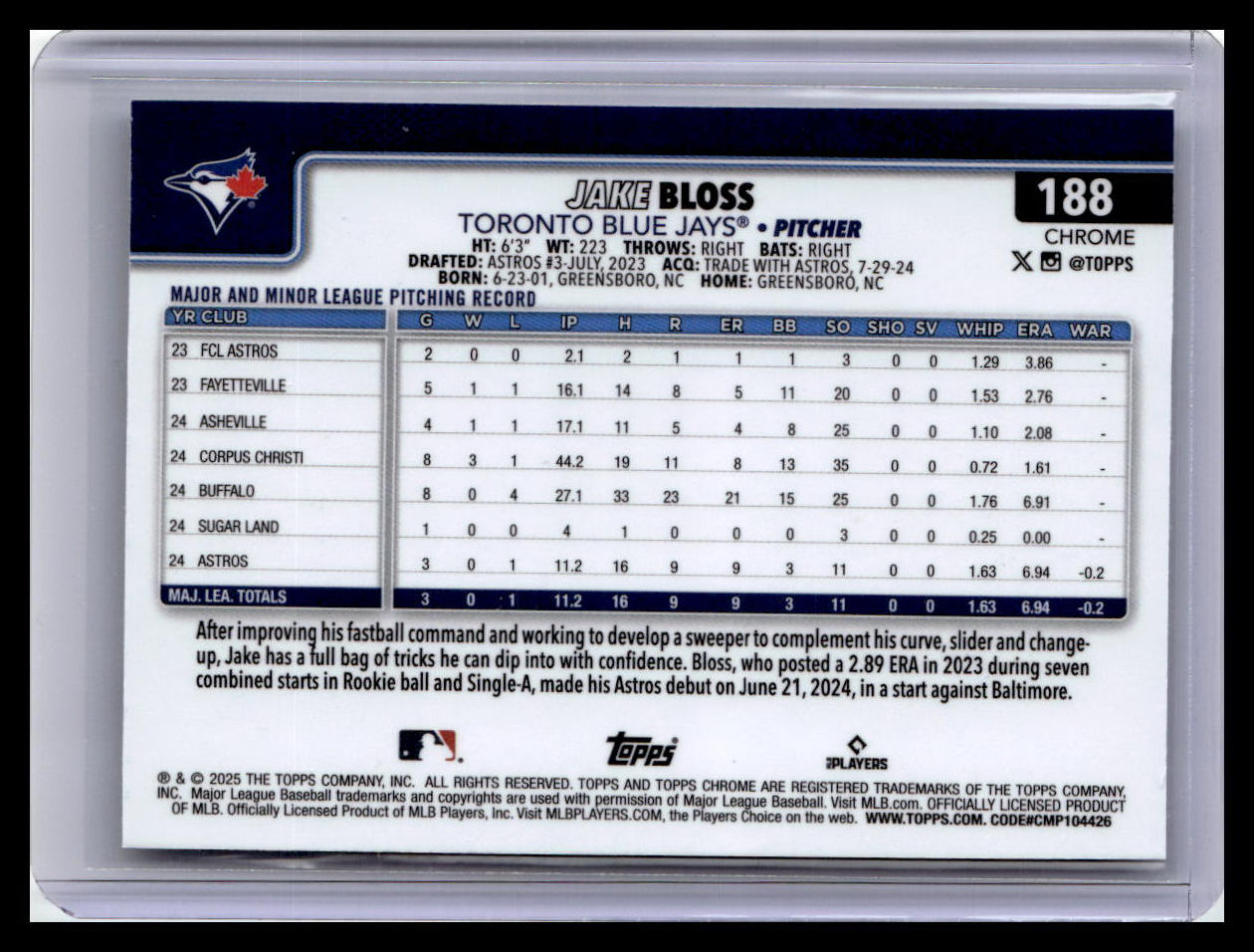 2025 Topps Chrome Logofractor Edition #188 Jake Bloss