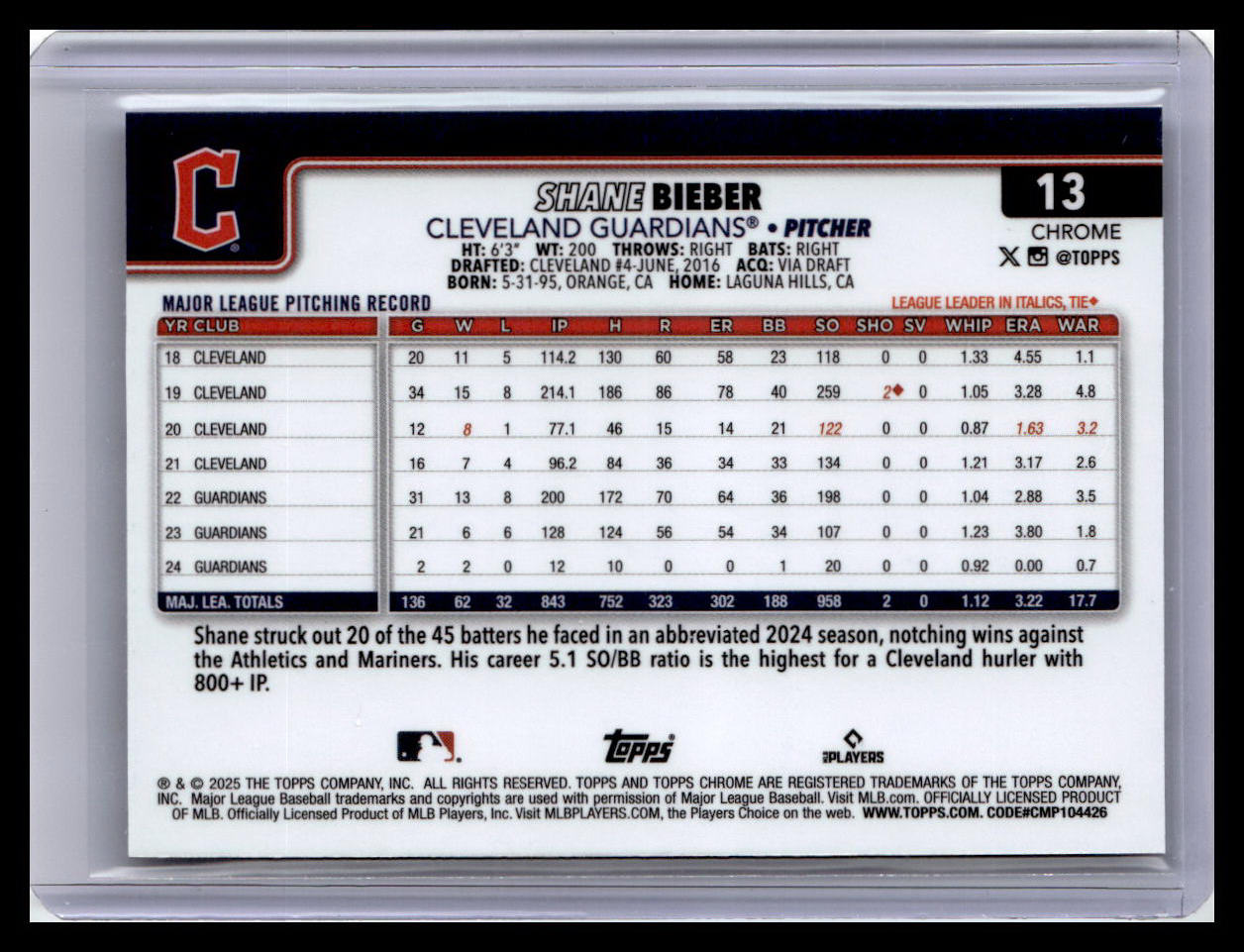 2025 Topps Chrome #13 Shane Bieber Raywave Refractors