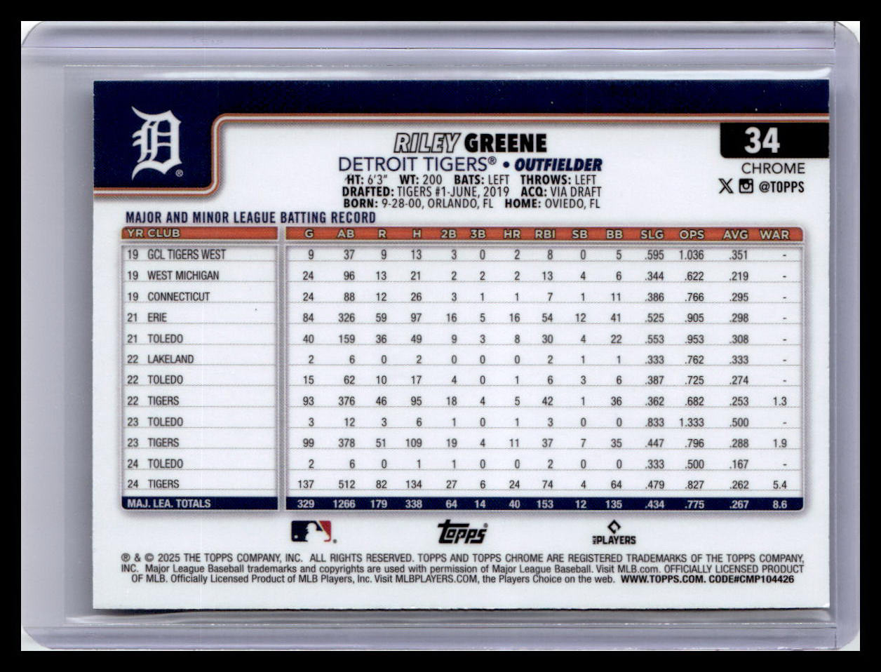 2025 Topps Chrome #34 Riley Greene Raywave Refractors