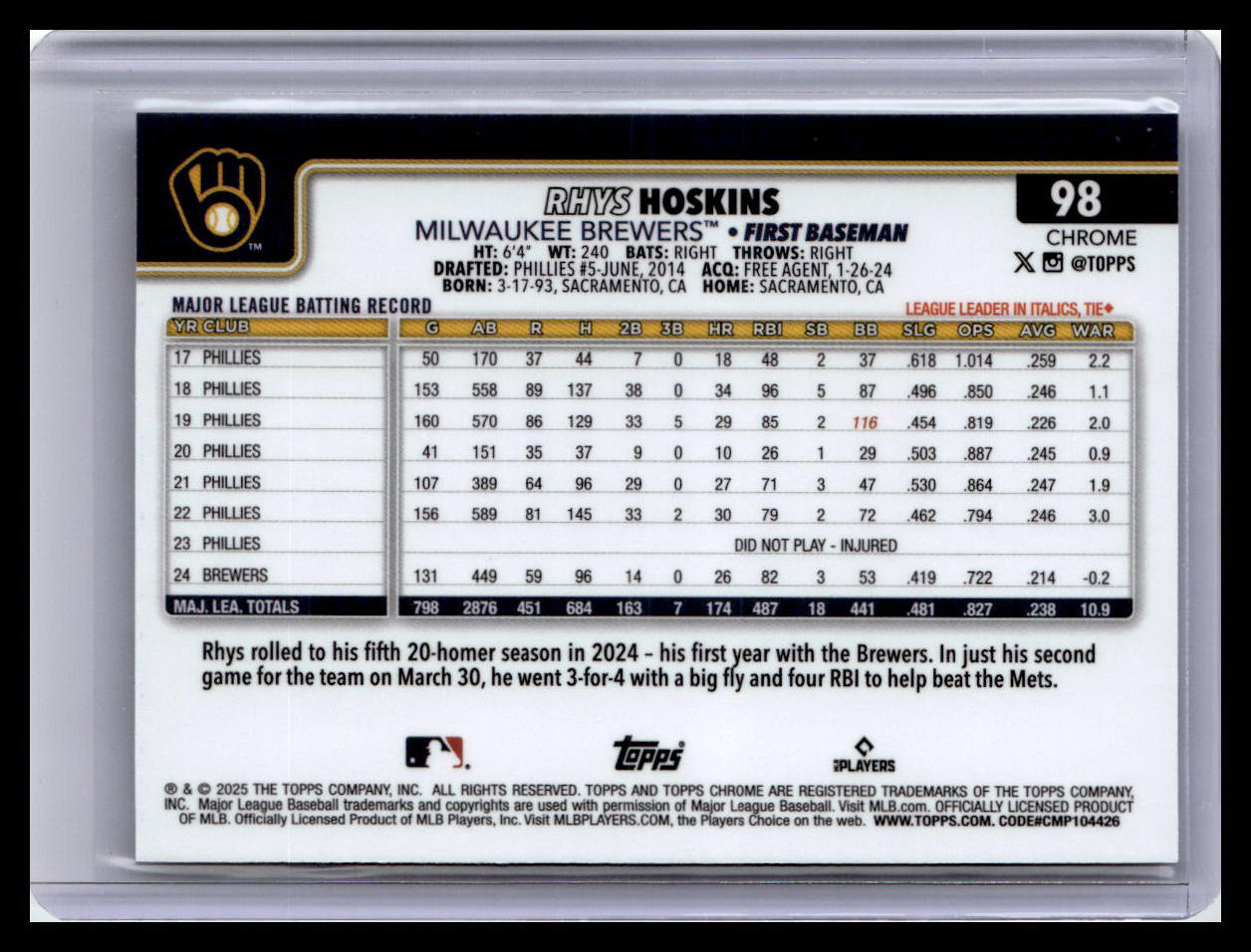 2025 Topps Chrome #98 Rhys Hoskins Raywave Refractors