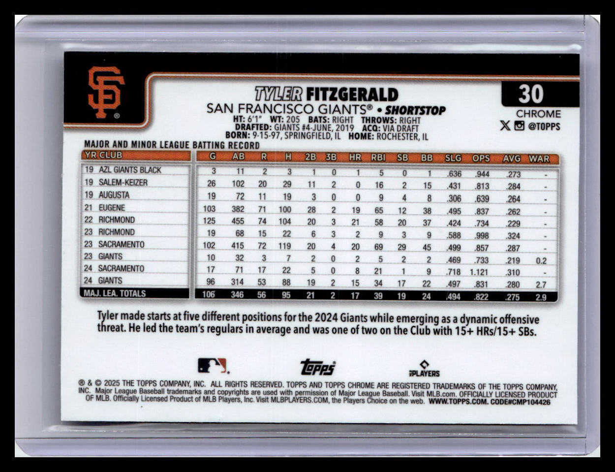 2025 Topps Chrome #30 Tyler Fitzgerald Raywave Refractors