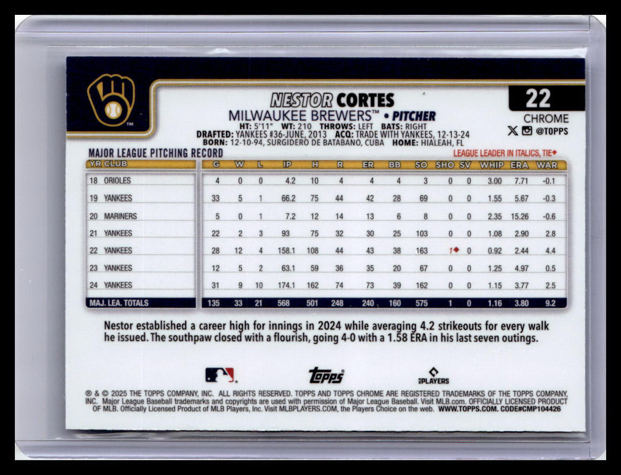 2025 Topps Chrome Logofractor Edition #22 Nestor Cortes Blue Refractors #/150