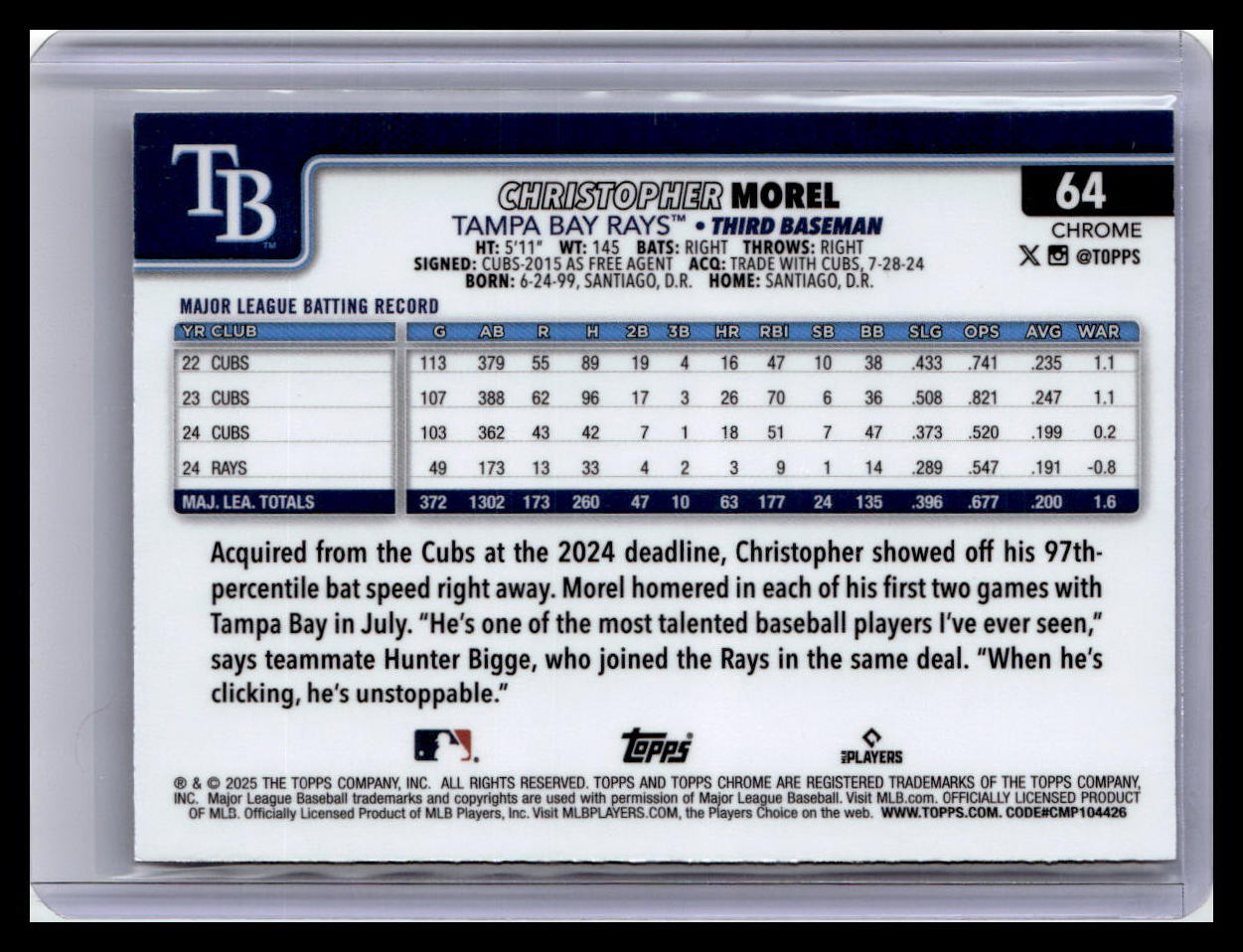 2025 Topps Chrome Logofractor #64 Christopher Morel Purple Refractors 205/250