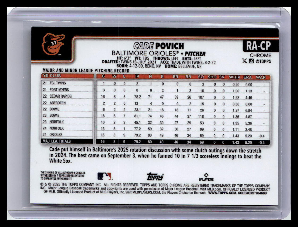 2025 Topps Chrome Logofractor #RA-CP Cade Povich Rookie Autographs Gold 1/50