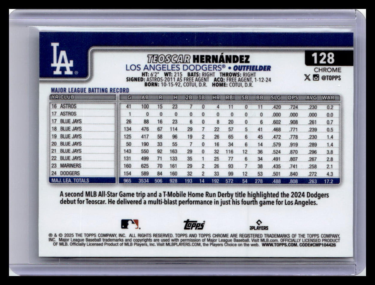 2025 Topps Chrome Logofractor Edition #128 Teoscar Hernández Aqua 45/199