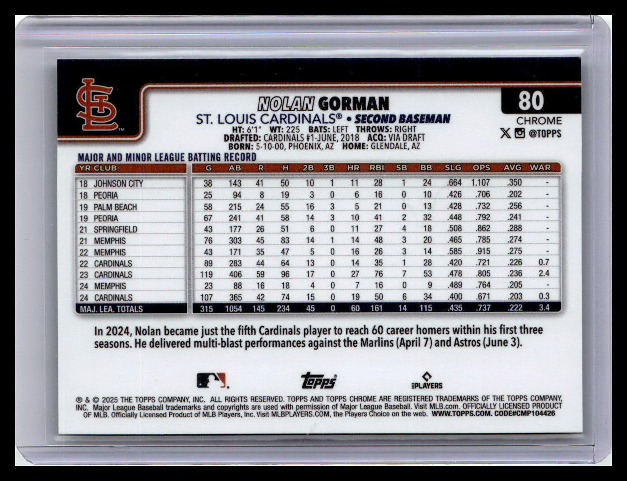 2025 Topps Chrome Logofractor Edition #80 Nolan Gorman Green Refractors 50/99