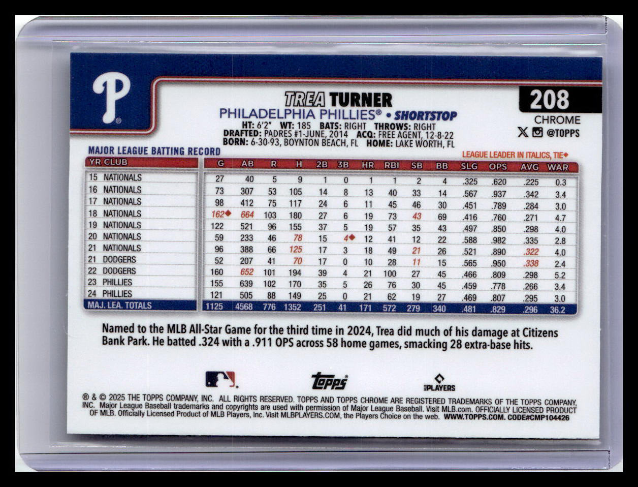 2025 Topps Chrome #208 Trea Turner