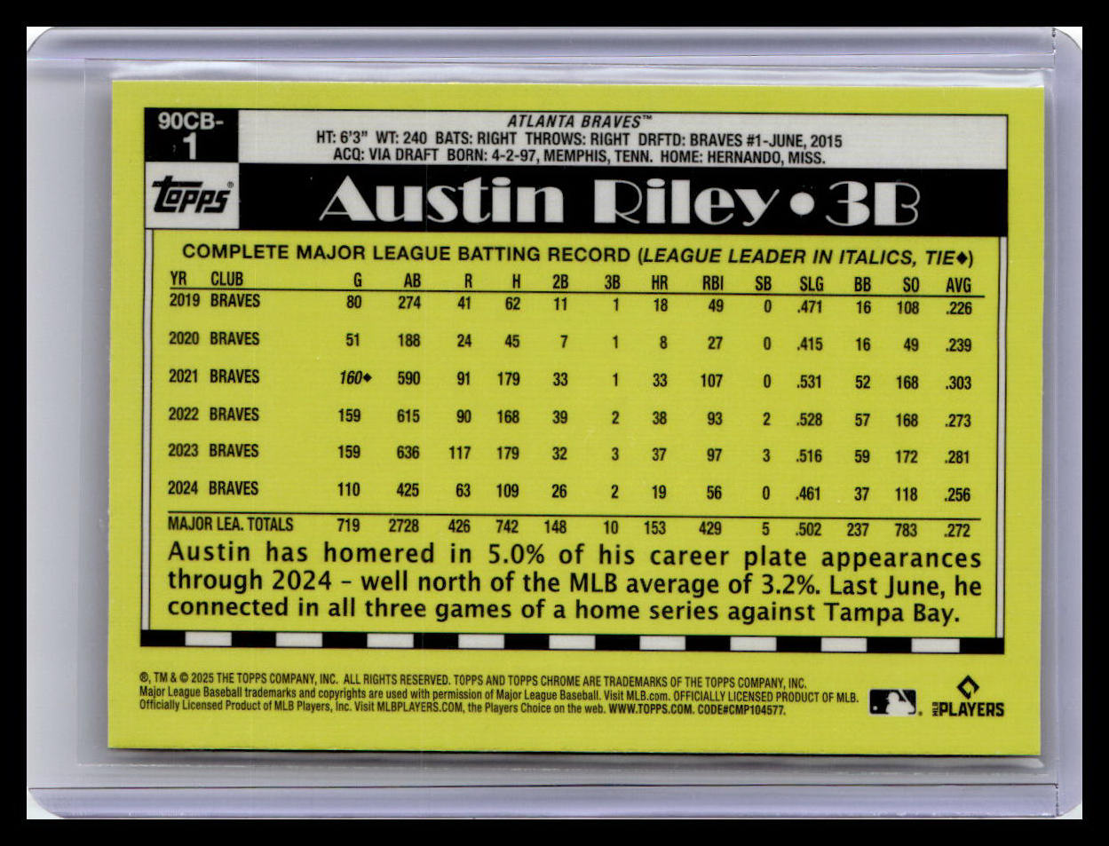 2025 Topps Chrome Logofractor Edition #90CB-1 Austin Riley 1990 Topps Baseball
