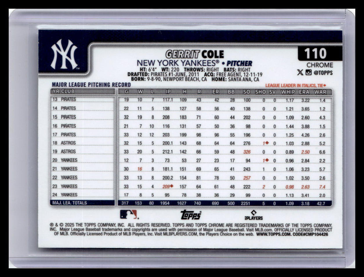 2025 Topps Chrome Logofractor Edition #110 Gerrit Cole