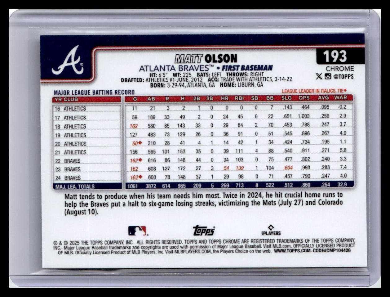 2025 Topps Chrome #193 Matt Olson Negative Refractors