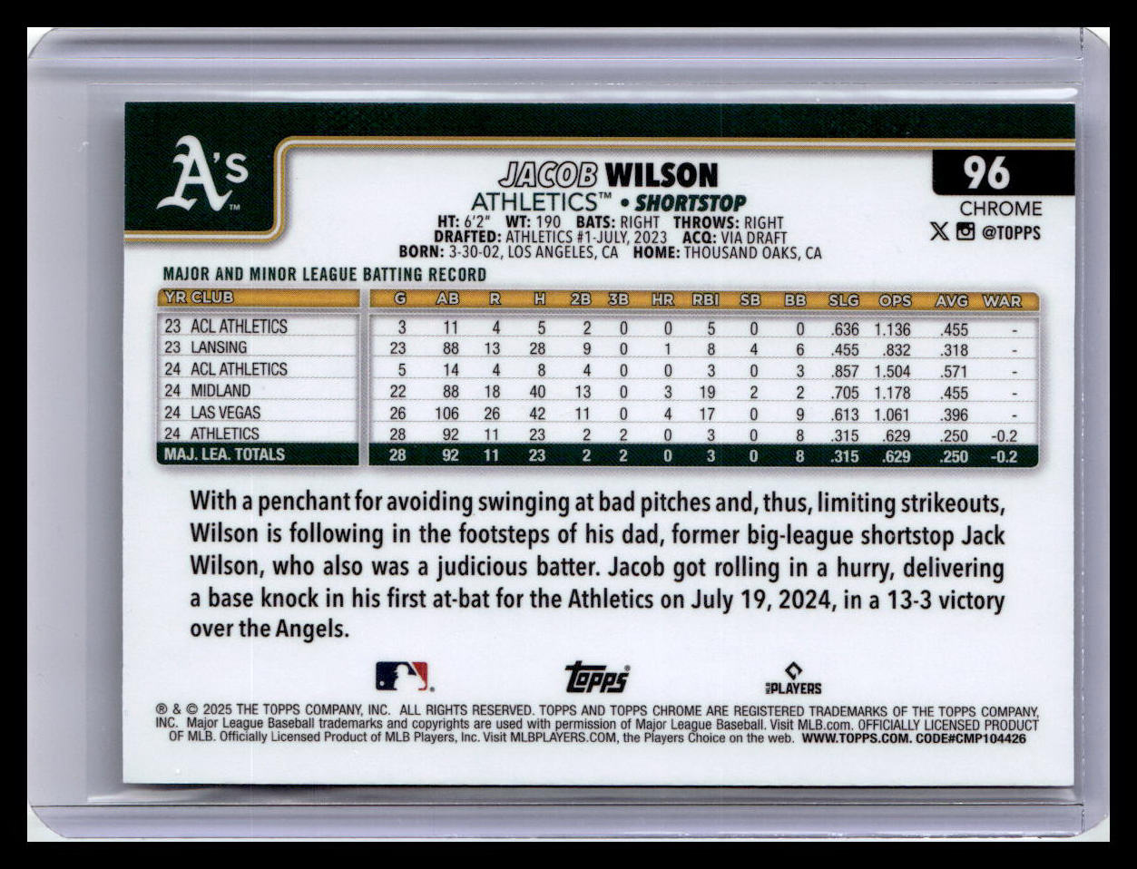 2025 Topps Chrome #96 Jacob Wilson Sepia Refractors
