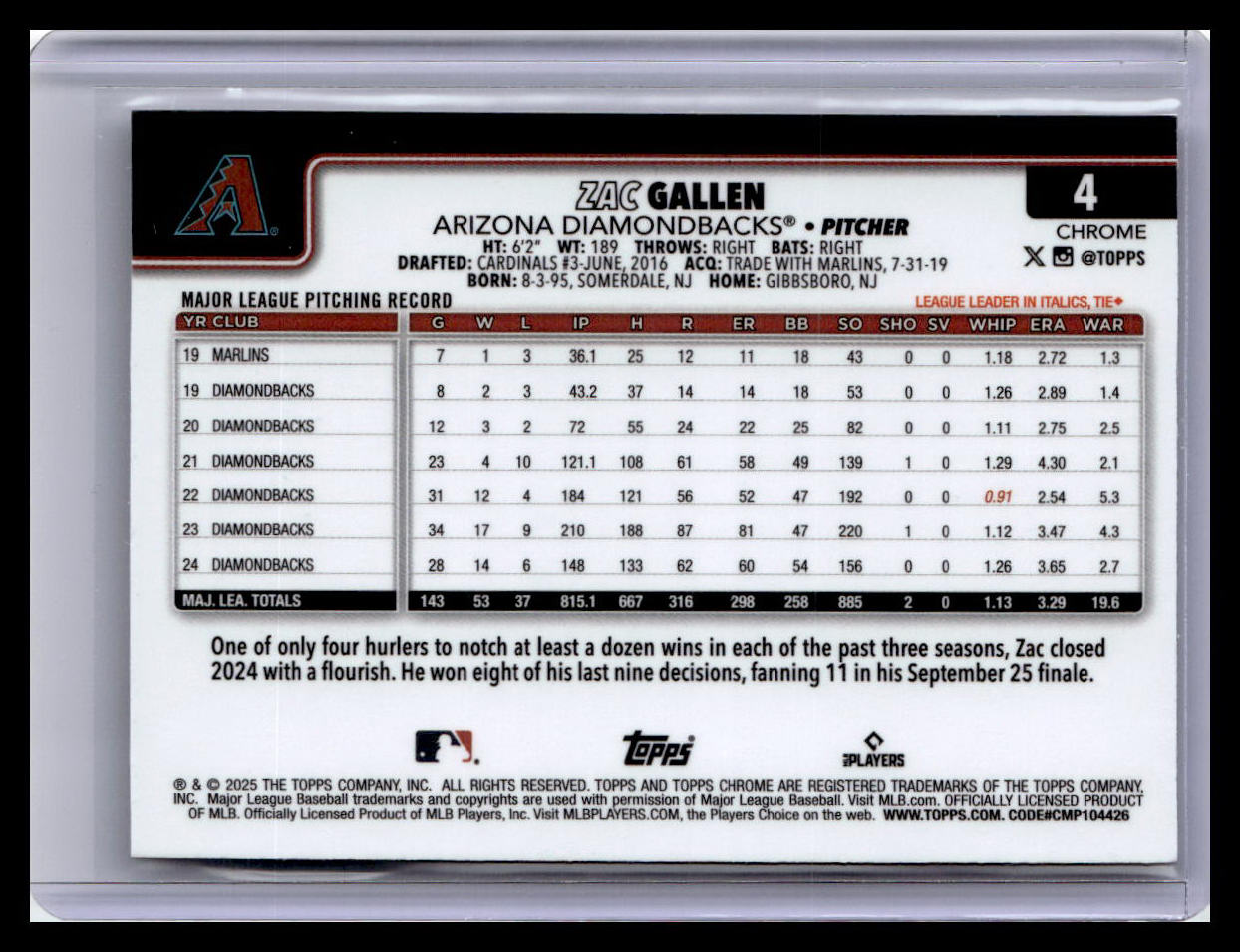 2025 Topps Chrome #4 Zac Gallen Sepia Refractors