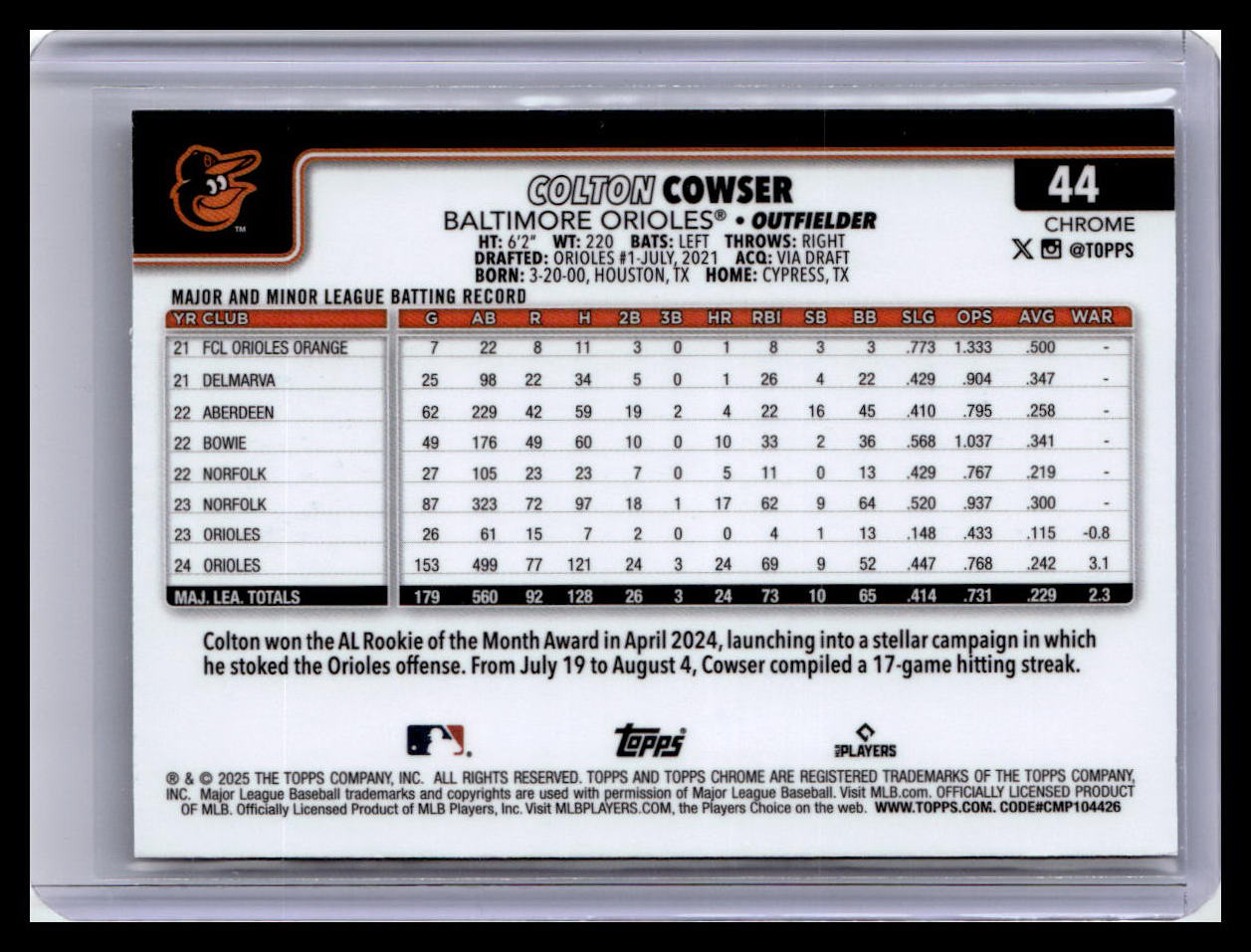 2025 Topps Chrome #44 Colton Cowser Sepia Refractors