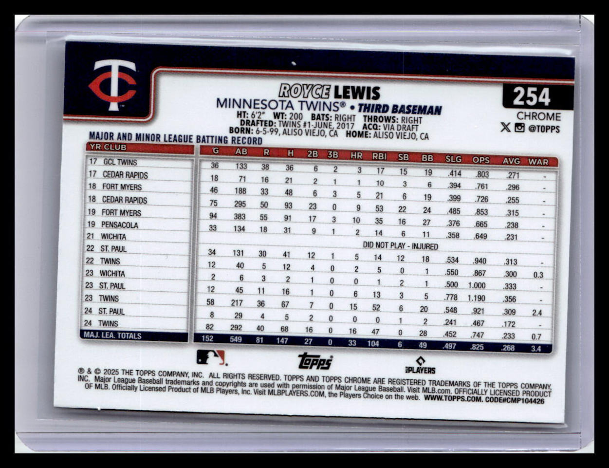 2025 Topps Chrome #254 Royce Lewis Sepia Refractors