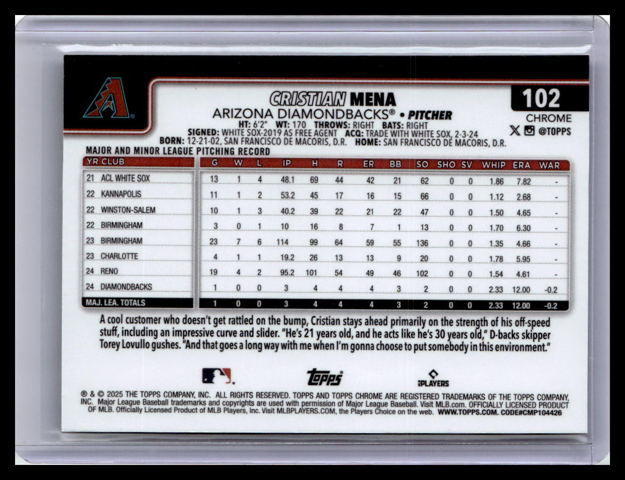 2025 Topps Chrome #102 Cristian Mena X-Fractors