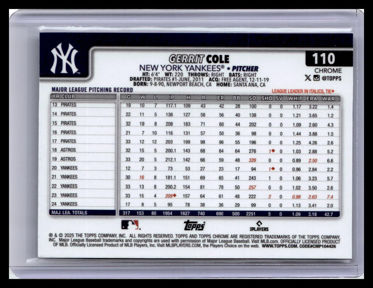 2025 Topps Chrome #110 Gerrit Cole X-Fractors