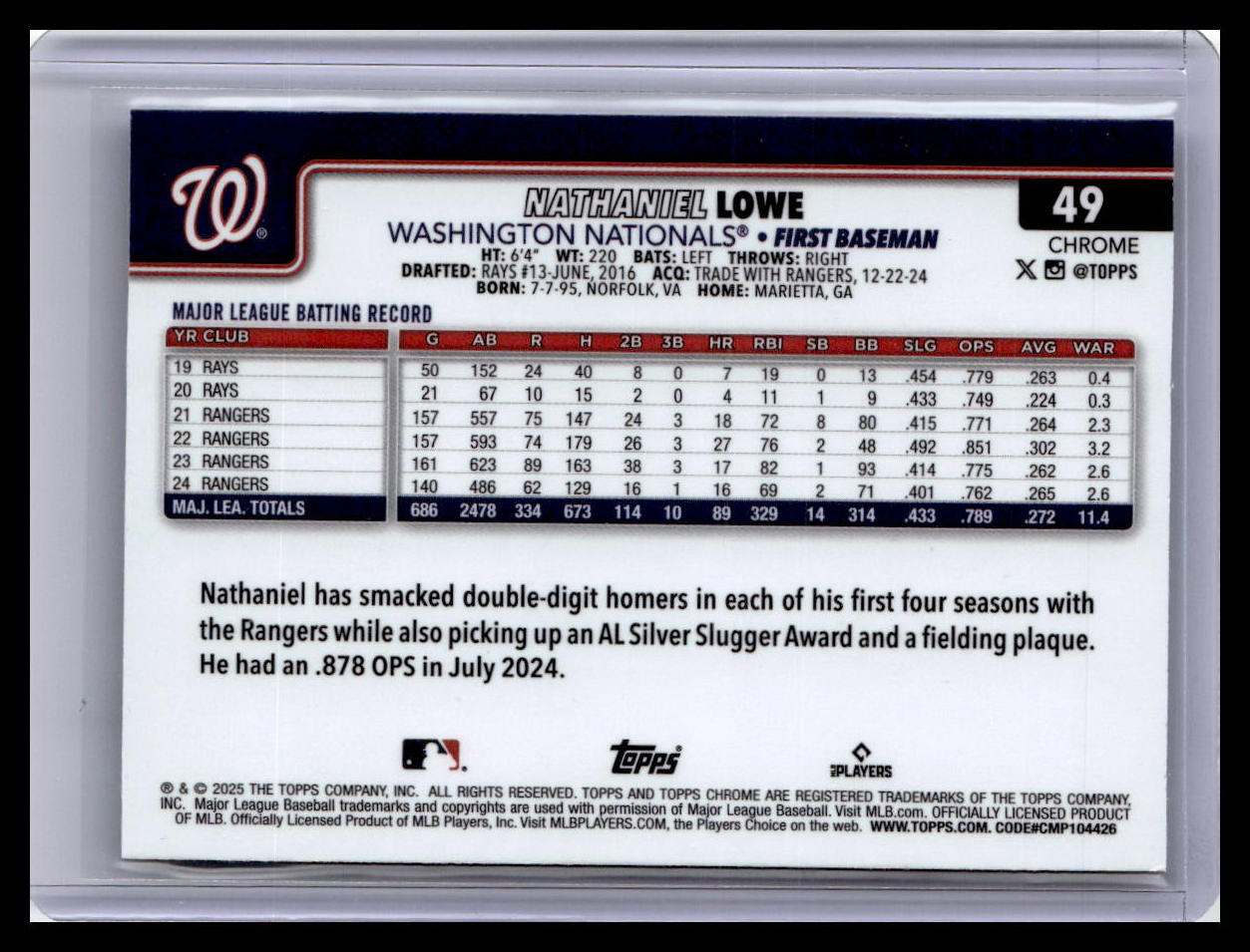 2025 Topps Chrome #49 Nathaniel Lowe Prism Refractors
