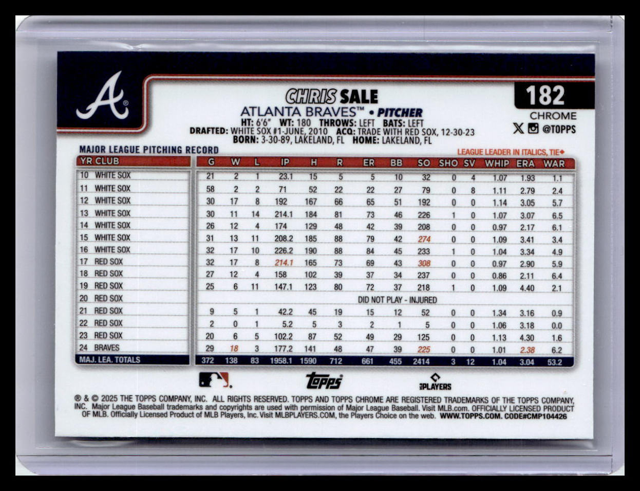 2025 Topps Chrome #182 Chris Sale