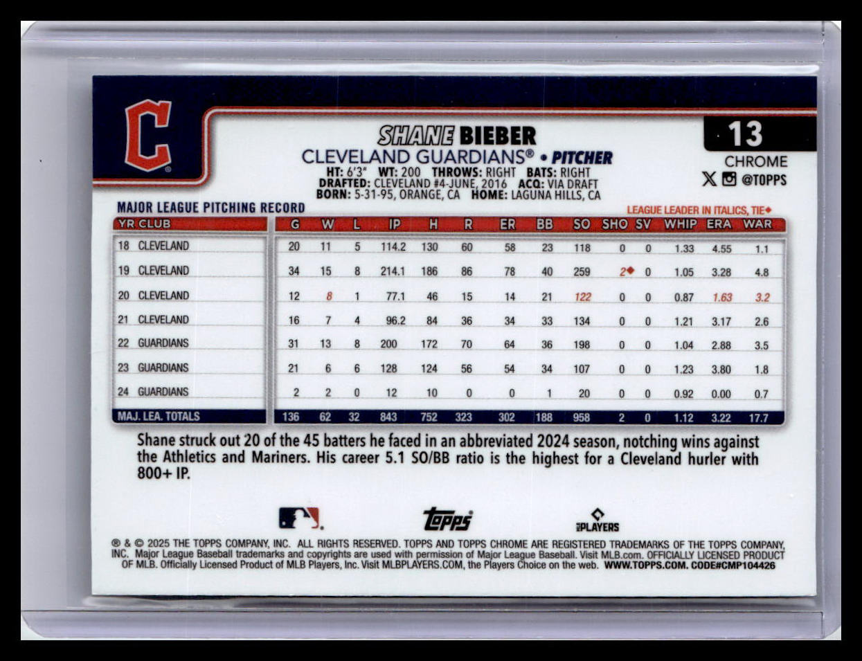 2025 Topps Chrome #13 Shane Bieber